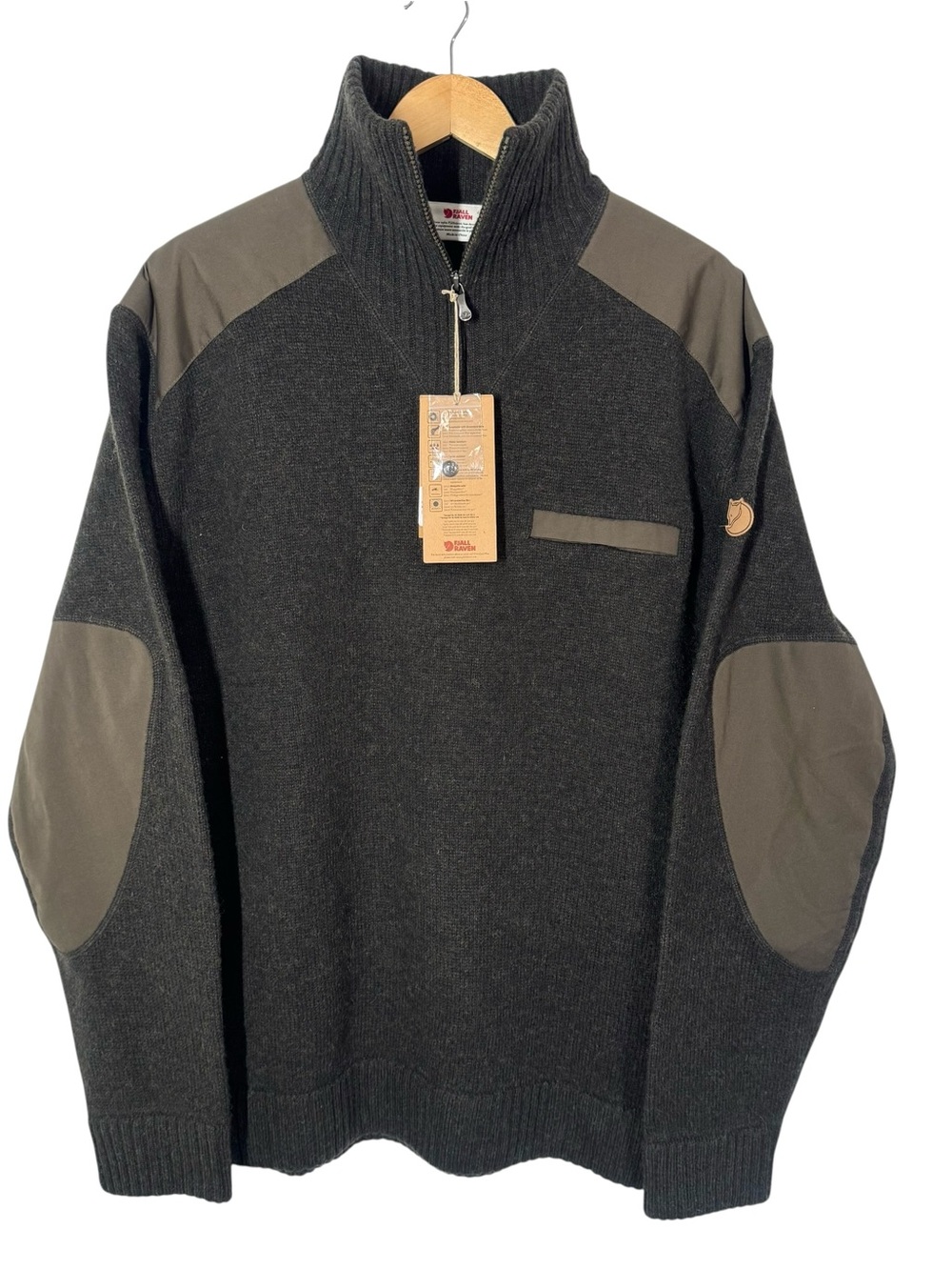 Fjallraven Men's Dark Gray Zip-Up Sweater with Olive Reinforcements